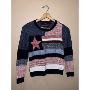 Tommy Hilfiger Womens Sweater Big Flag Americana Sz M Patriotic Blue Red Stripes
